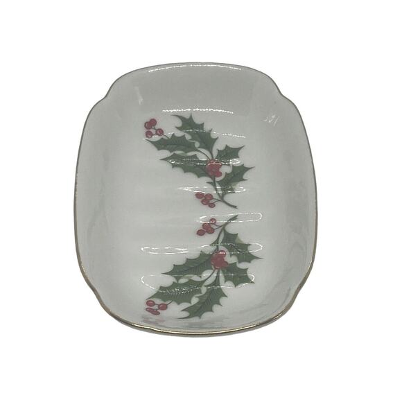 Japanese 4 7/8" Soap Trinket Dish Ceramic Gold Edge Holly Berries Green Leaves - Picture 5 of 14
